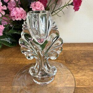 Vintage Etched Crystal Cornflower Candle Holder Clear Glass Tulip Stem W.J. Hugh